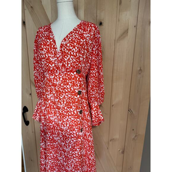 Ganni | Balloon Sleeve Orange Floral Print Crepe Midi Dress | Size 38 (US 6) - Picture 3 of 16